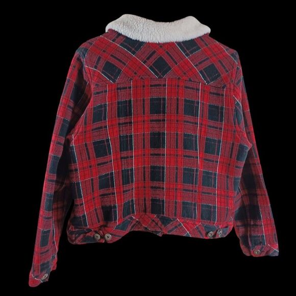 Torrid Jacket 1X Buffalo Plaid Sherpa Collar Red Black Trucker Style Crop Cozy - Picture 7 of 8